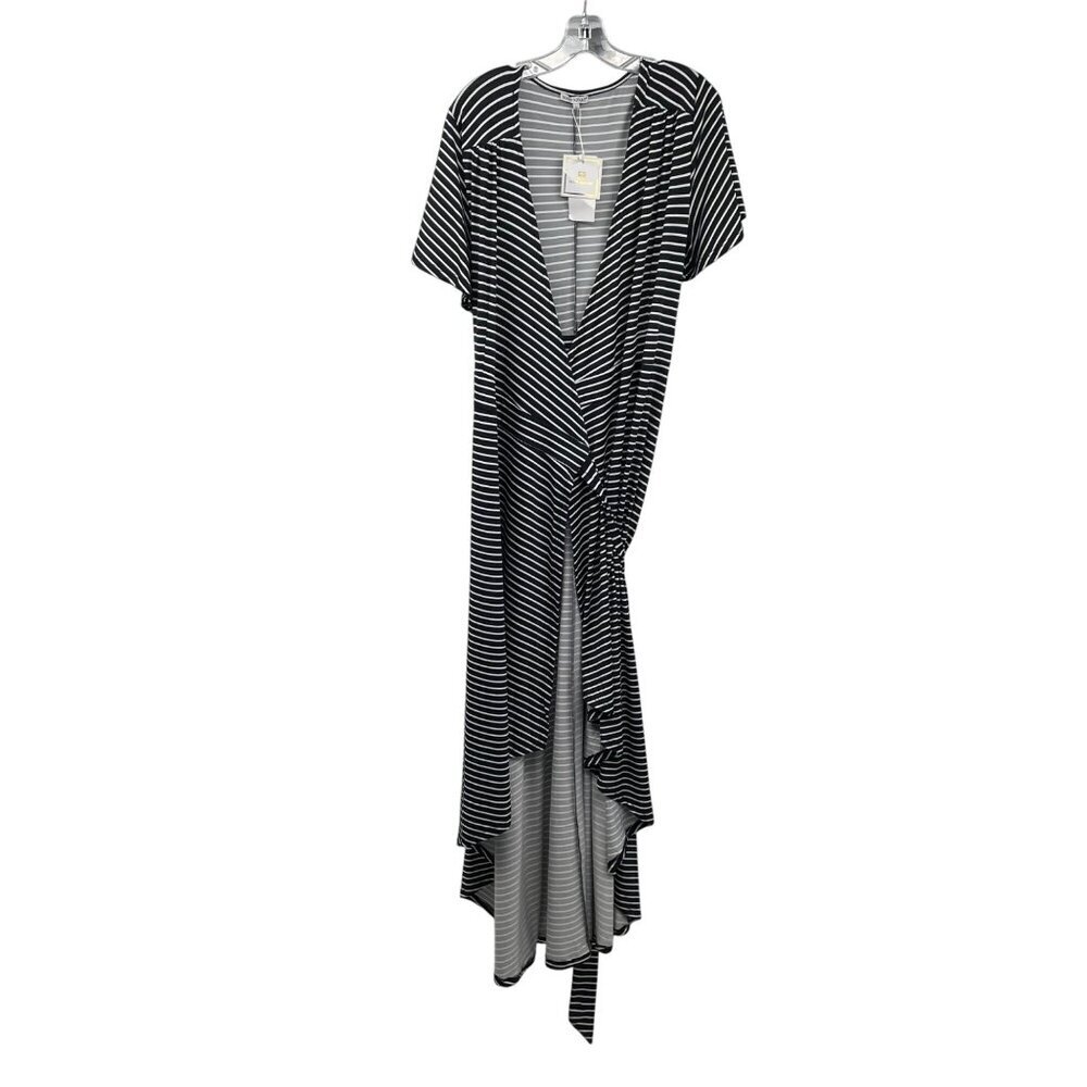 Mary Square Striped Wrap Dress Hi Low Short Sleeve Black/White Size Large New
